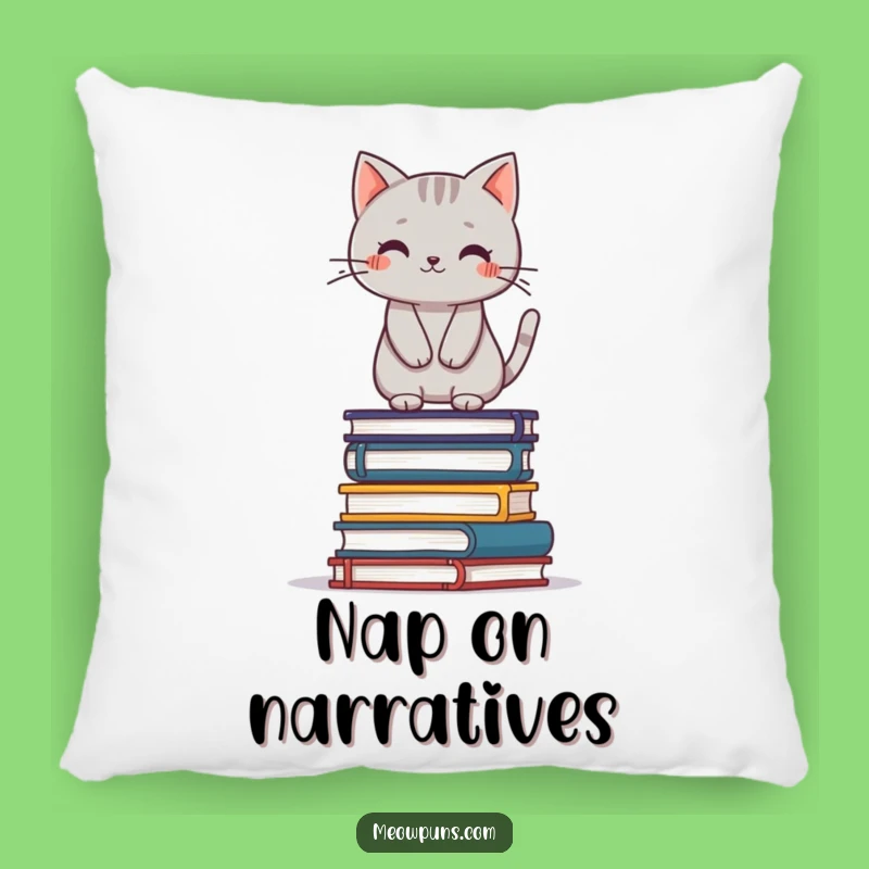 Funny Cat Books Pillow: Grey Cat Balancing Cushion, Cozy Literary Decor Gift