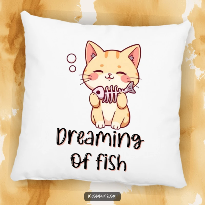 Funny pillow with a cute, pleased cat and a fish skeleton in its thought bubble, offering comfort and feline humor.