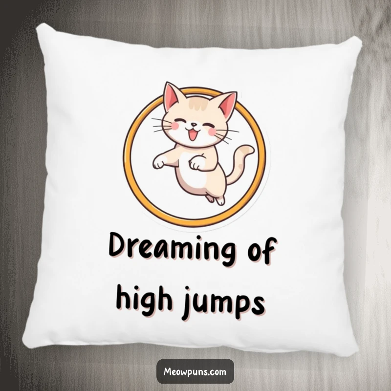 Funny cat pillow featuring an adorable cat mid-jump through a hoop shaped like the letter M, perfect for cozying up.