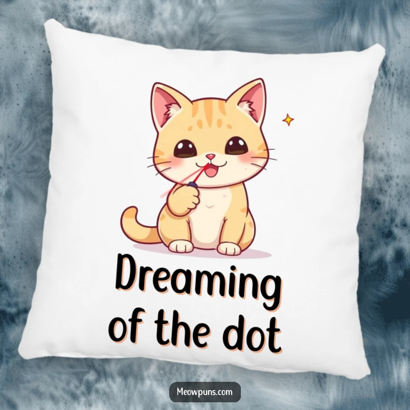 Funny pillow featuring a cat triumphantly holding a tiny laser pointer, symbolizing a funny feline win.