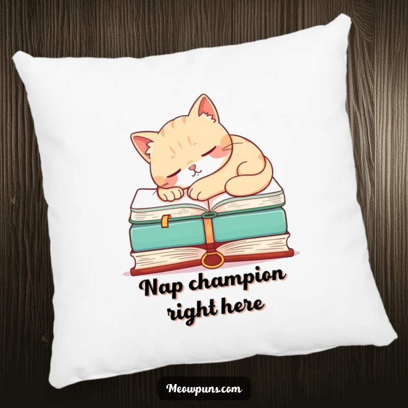 Funny pillow with a sleeping cat resting on a large book, adding a humorous and comfortable element to any seating area.