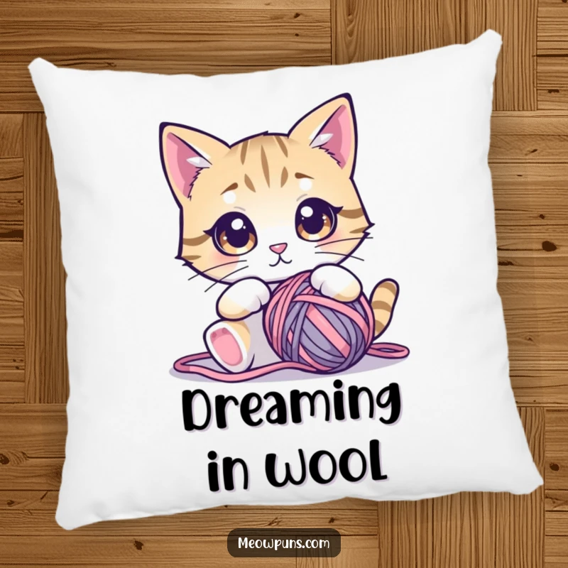 Funny cat pillow depicting a cute cat with wide, mesmerized eyes fixed on a tempting ball of yarn, offering comfort.
