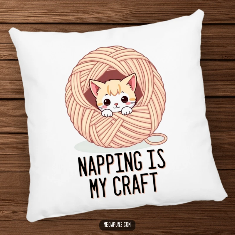 Funny pillow with a cute cat character peeking out of a giant ball of yarn, offering comfort and feline charm.