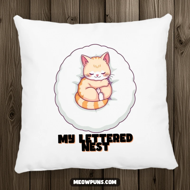 Funny pillow design of a cat purring on a large plush letter, offering comfortable and humorous feline relaxation.