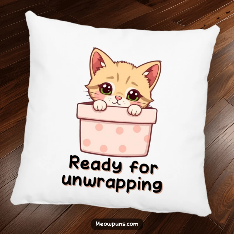 Funny pillow featuring a curious cat emerging from a gift box, offering comfort and humorous appeal.