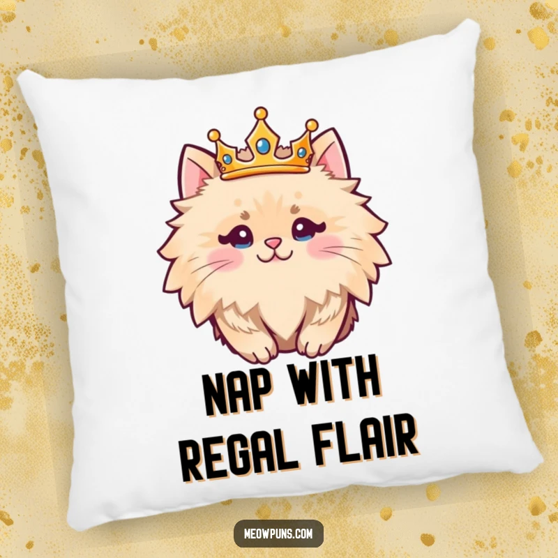 Funny fluffy cat character wearing a crown, providing soft comfort and regal humor on this plush pillow.