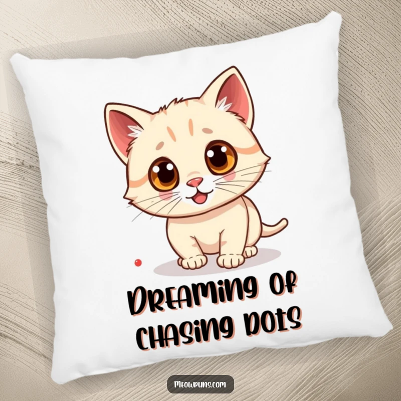 Funny cat pillow featuring a cat with exaggerated googly eyes, in mid-chase after a bright red laser pointer dot.