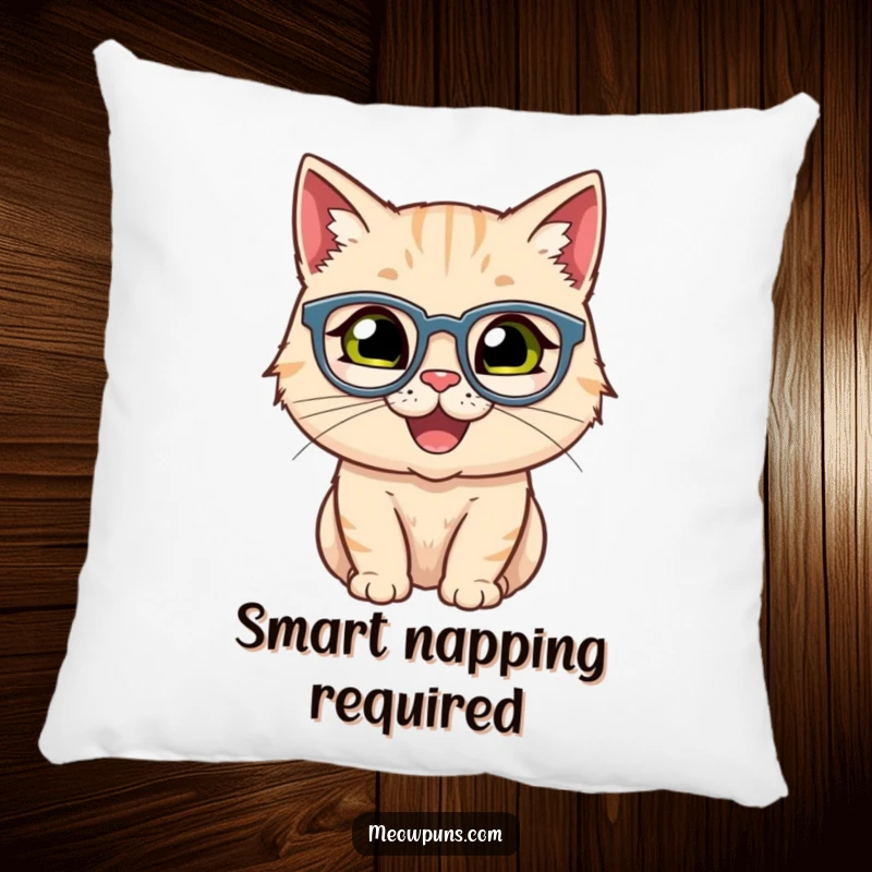 Funny pillow featuring a happy cat wearing spectacles, offering comfort and scholarly humor.