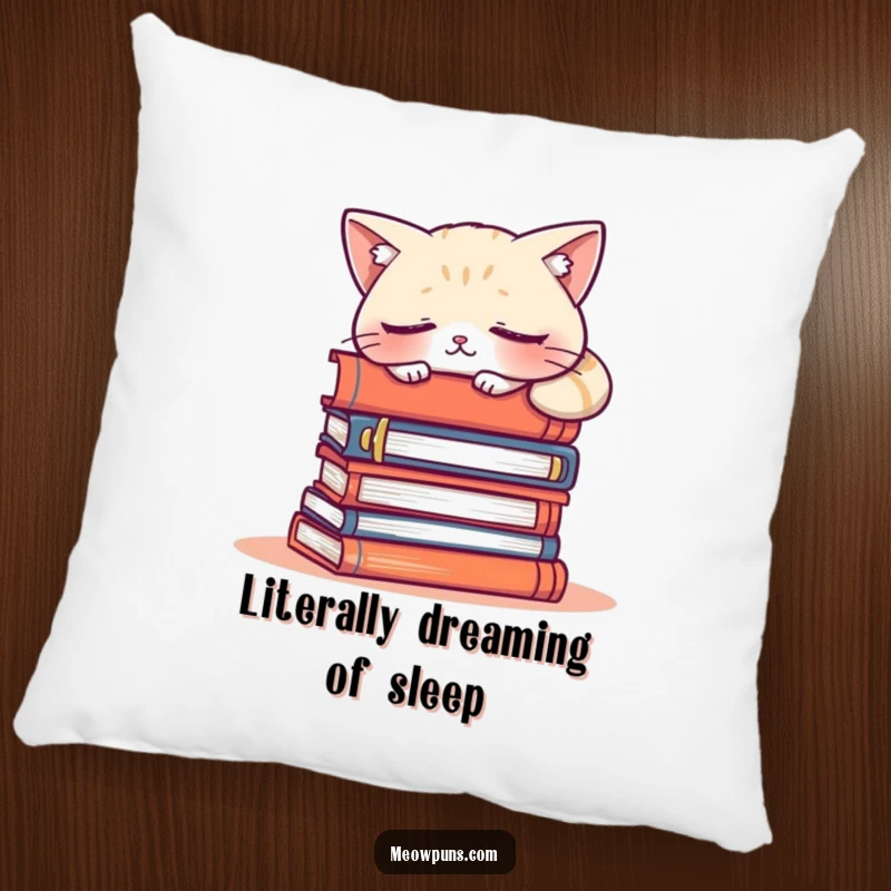 Funny pillow designed with a cute, sleepy cat character dozing on a pile of books, offering comfort and a touch of literary humor.