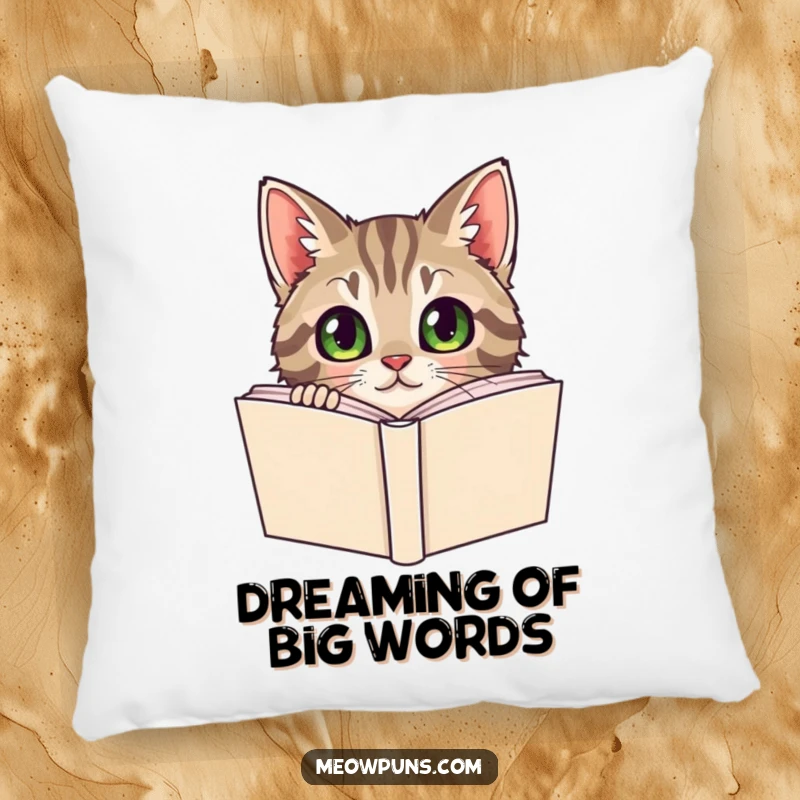 Funny Tabby Cat Pillow, a curious tabby cat peeks from behind a dictionary, offering literary-themed comfort.