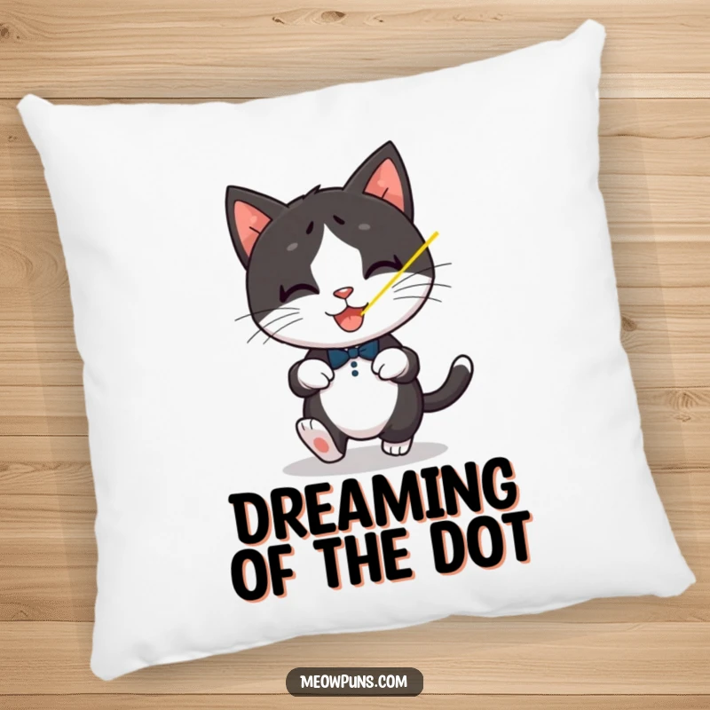 Funny Tuxedo Cat Pillow, a playful tuxedo cat chases a laser dot, offering cozy and humorous comfort.