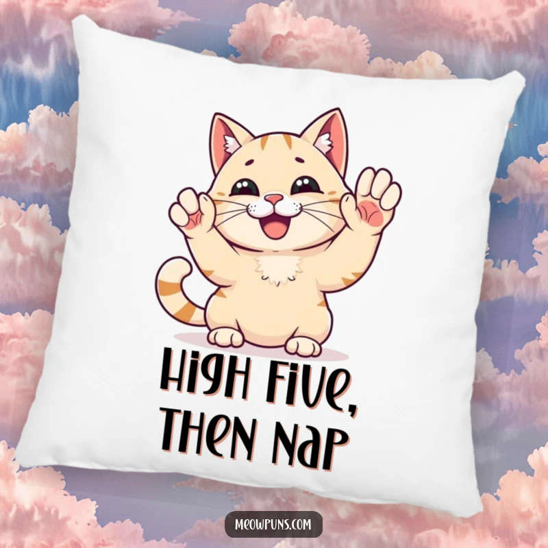 Funny High Five Cat Pillow: A cat gives a high five, offering soft comfort and humorous celebration.