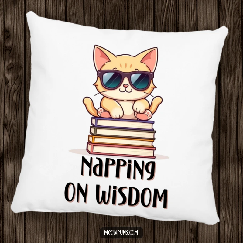 Funny pillow featuring a cool cat wearing sunglasses, relaxed on books, perfect for cozying up with bookish flair.