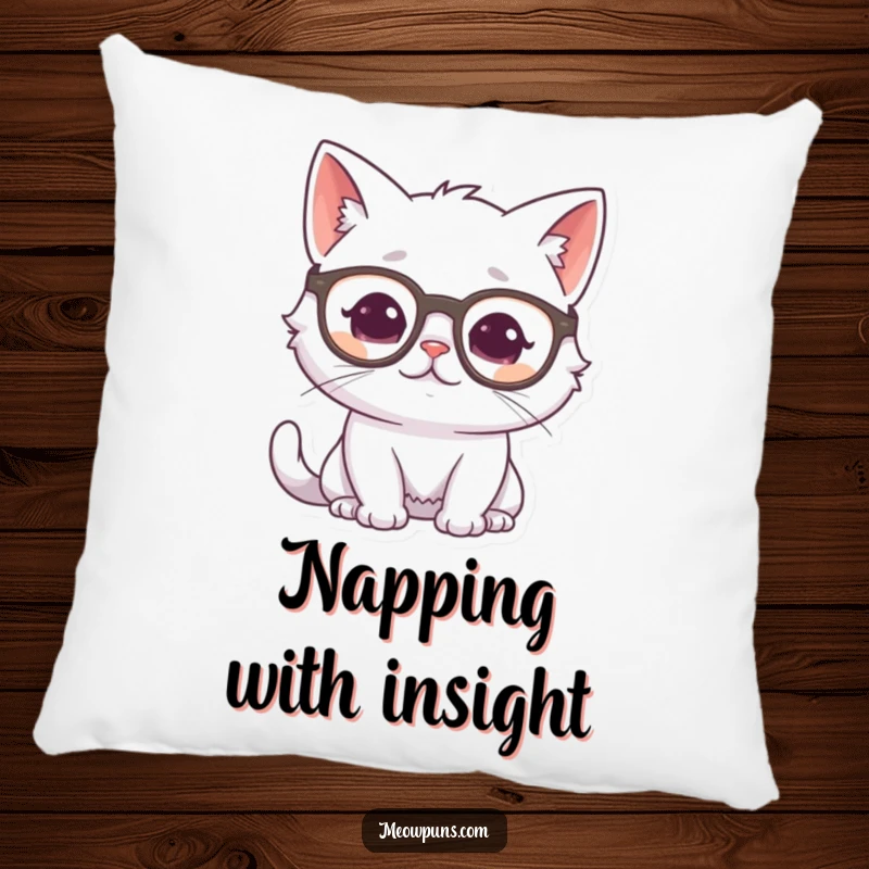 Funny white cat wearing glasses and looking thoughtful, depicted on a soft pillow, adding intellectual charm and comfort.