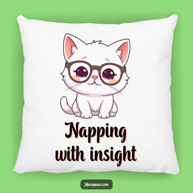 Funny Cat Glasses Pillow: White Cat Thinking Cushion, Cozy Intellectual Decor Gift