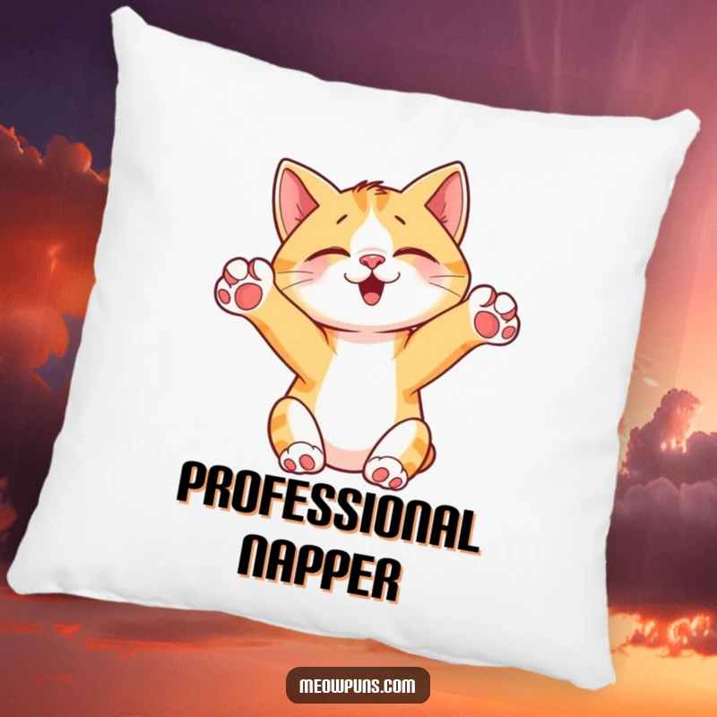 Funny Cat Stretching Pillow, featuring a cuddly cat stretching with paws in the air, offering comfort and a humorous accent.