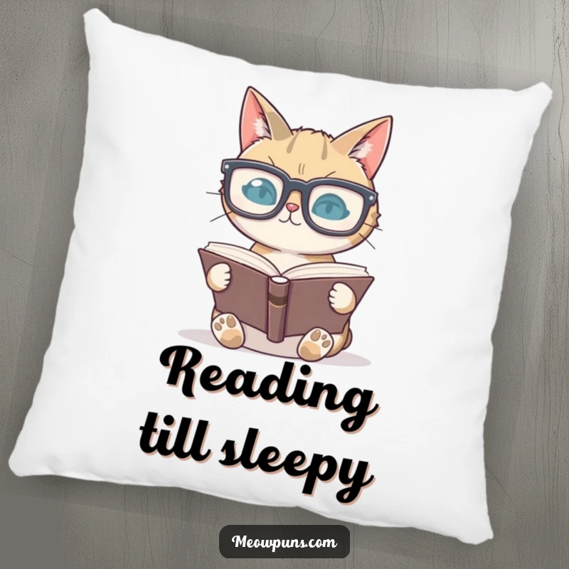 Funny cat in oversized glasses reading a book on a pillow, offering comfort and intellectual charm.