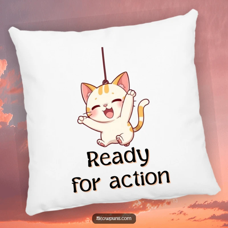 Funny Cat Pounce Pillow, featuring a cat gleefully pouncing on a string, offering comfort with a side of playful energy.