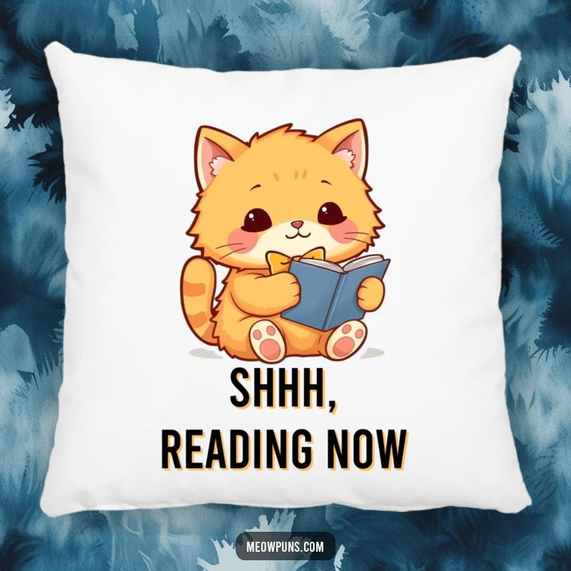 Funny orange cat in a bowtie reading a book, depicted on a soft pillow, adding a touch of literary humor and comfort.