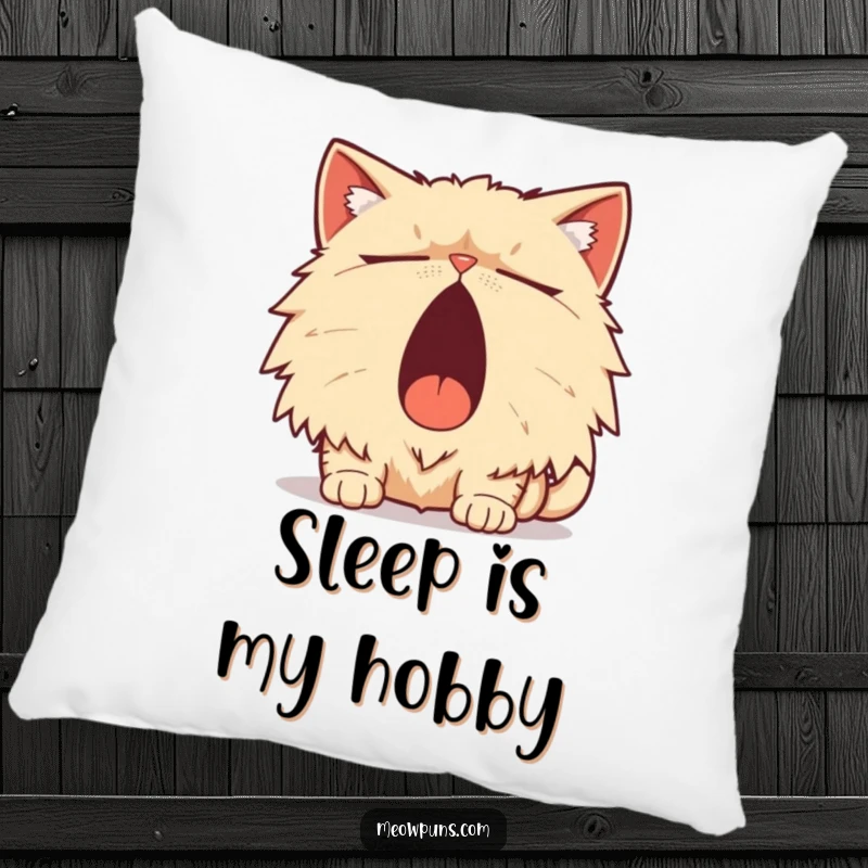 Funny Persian Cat Pillow, a sleepy Persian cat yawns widely with a pun, offering cozy and humorous decor.