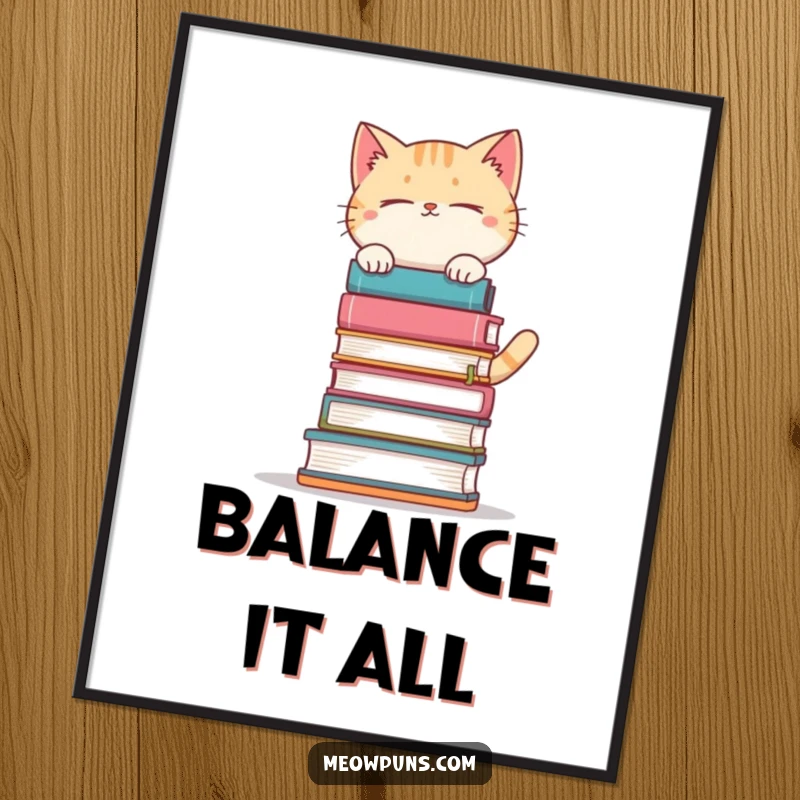 Funny cat balancing a precarious stack of books, available as a digital art print for instant literary decor.