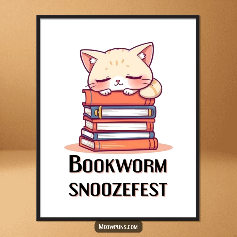 Funny digital art print depicting a sleepy cat character napping soundly on a pile of books, ideal for instant humorous home decor.