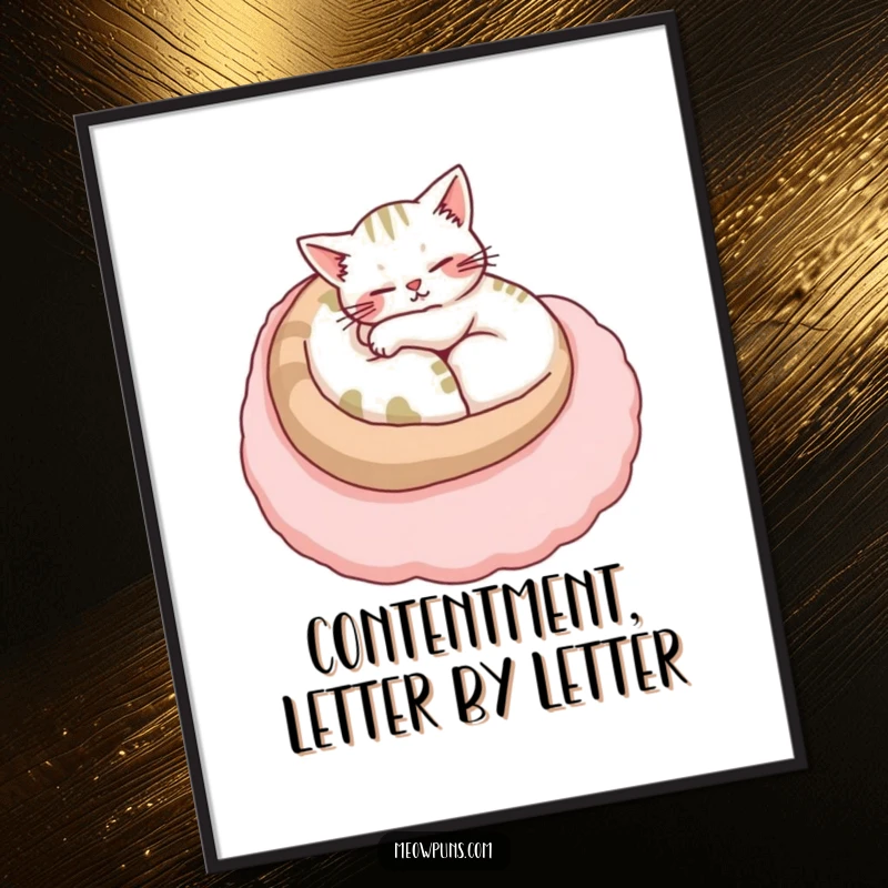 Funny cat digital art print showcasing a content cat purring peacefully while curled up on a large, plush letter.