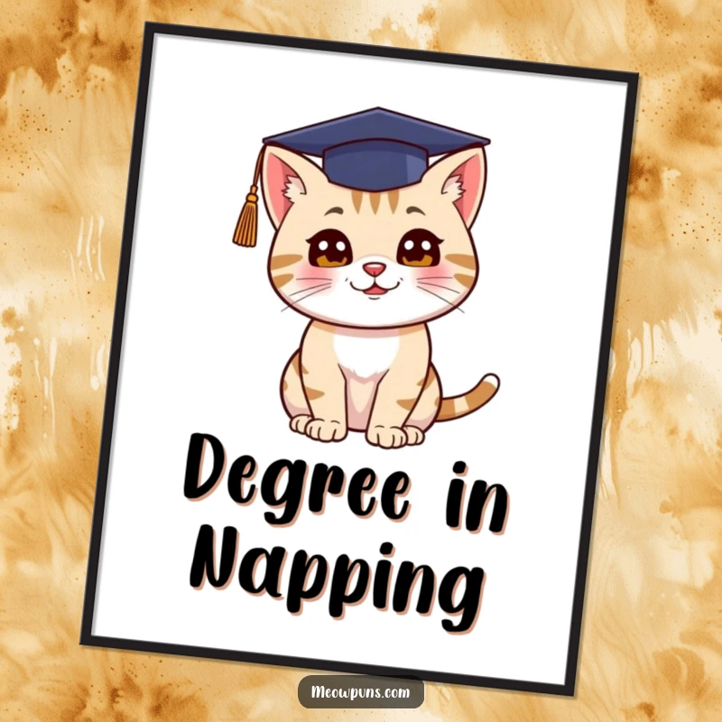 Funny digital art of a cat wearing a graduation cap and throwing it up, symbolizing celebration and joy.