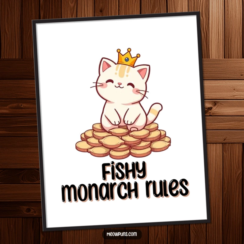 Funny digital art print of a cat in a crown sitting on fish-shaped coins, offering instant humorous royal decor.