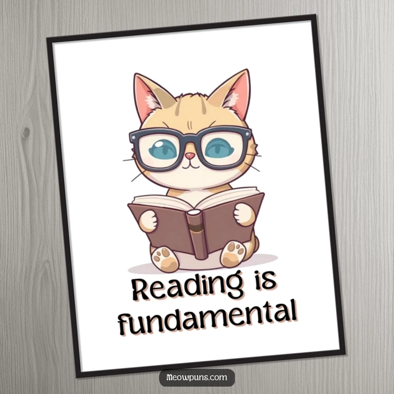 Funny cat wearing oversized glasses reading a book, available as a digital art print for instant literary decor.