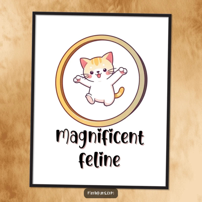 Funny digital art print of a cat leaping through a stylized 'M' hoop, offering instant humorous, dynamic decor.