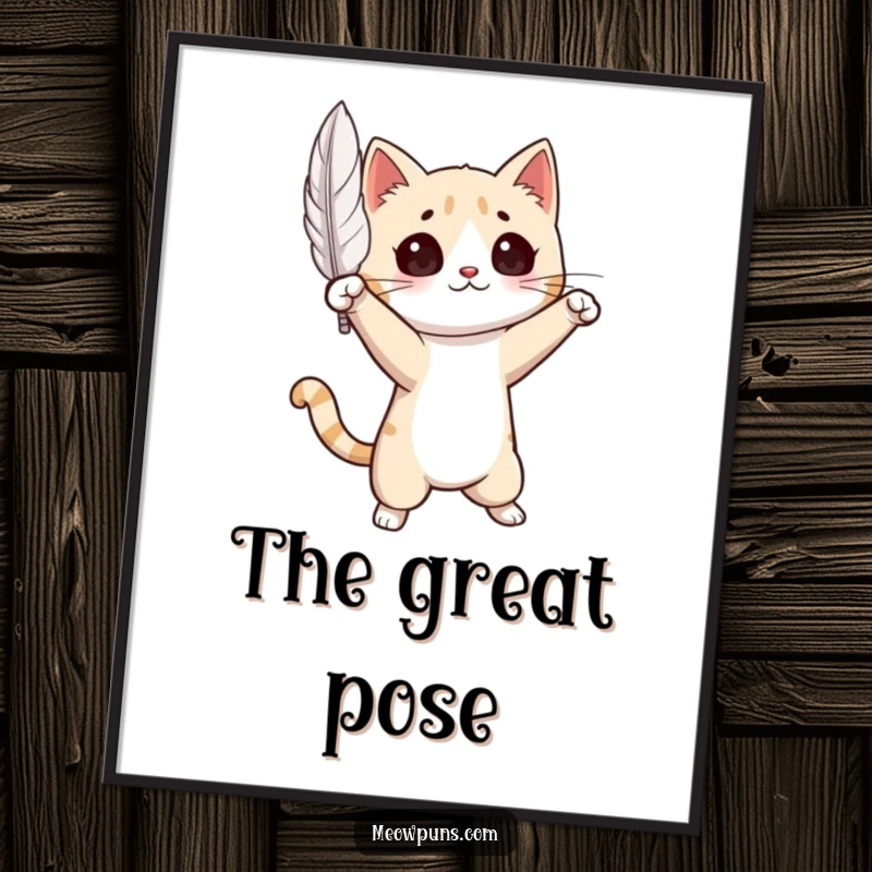 Funny Cat Digital Art Print: High-resolution image of a cat striking a dramatic pose with a single feather floating nearby, ready for framing.