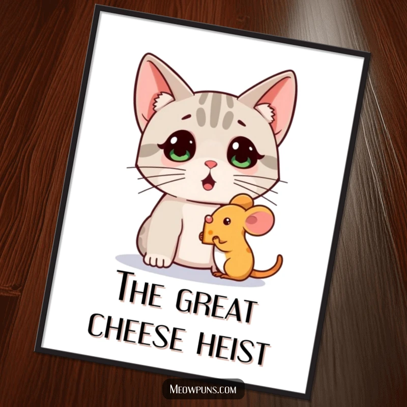 Funny digital art print of a surprised cat watching a mouse holding a tiny cheese wedge, for humorous and charming wall decor.