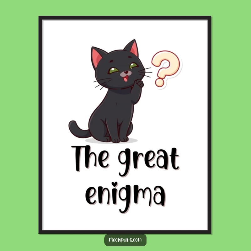 Funny Cat Mystery Art Print: Black Cat Question Mark Decor, Whimsical Gift