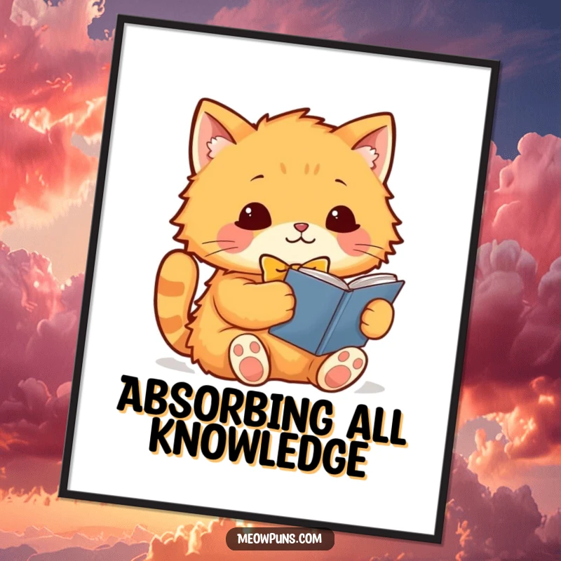 Funny orange cat wearing a bowtie, diligently reading a book, rendered as a high-quality digital art print for instant wall decor.