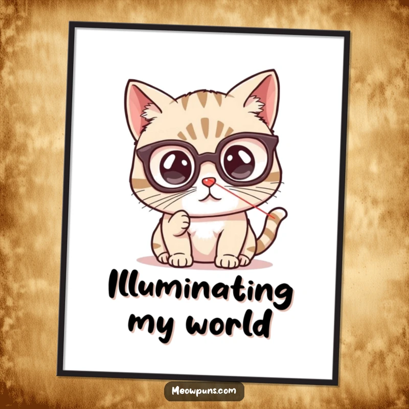 Funny cat digital art print featuring a cute cat with spectacles, fixated on a red laser pointer dot, perfect for wall decor.