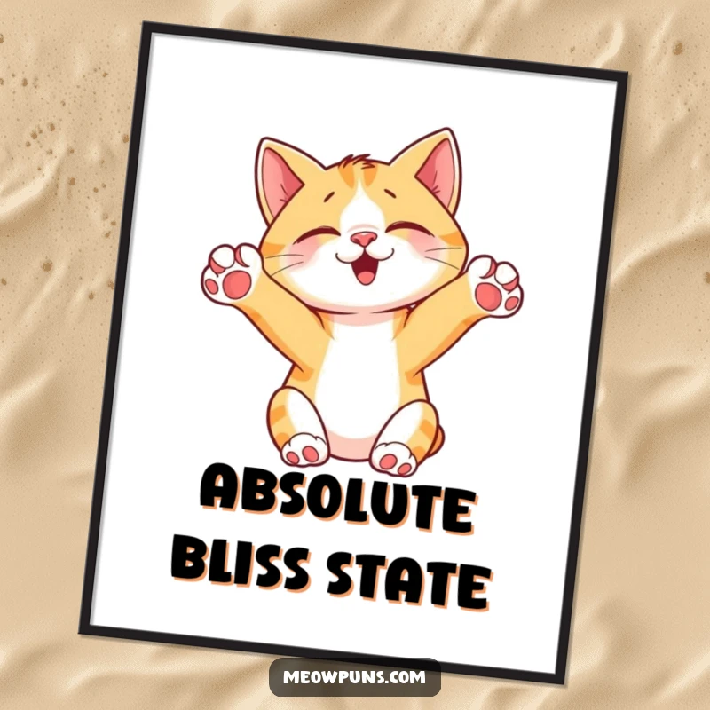 Funny Cat Stretching Digital Art Print, showing a cute cat arching its back with paws in the air, ready to be printed and framed.