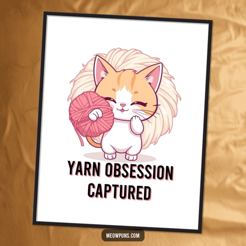 Funny digital art print of a playful cat batting a giant, fuzzy yarn pom-pom, for charming and lively wall decor.