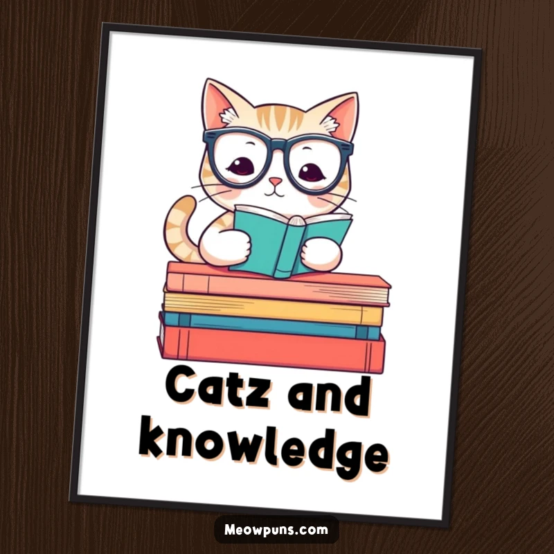Funny digital art print of a cat with reading glasses on books, printable wall decor for a humorous and intellectual touch.