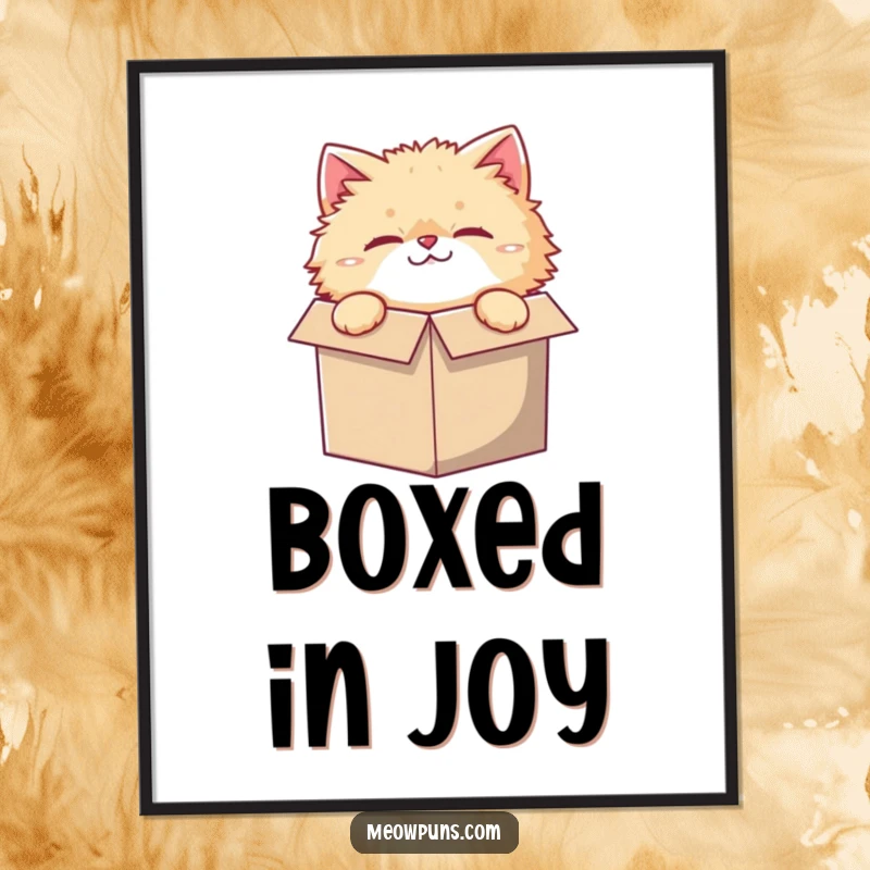 Funny digital art print of a fluffy cat character, curiously peeking from a comically small box, for instant decor.