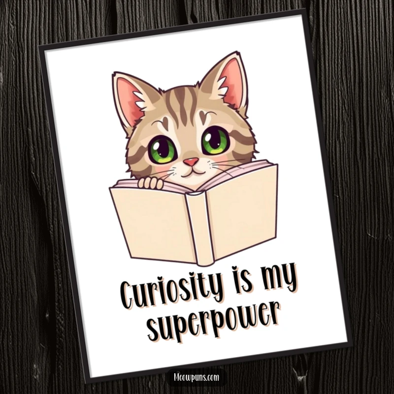 Funny Tabby Cat Digital Art Print, a curious tabby cat peeks from behind a dictionary, offering instant literary humor.