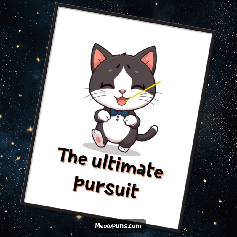 Funny Tuxedo Cat Digital Art Print, a playful tuxedo cat intensely chases a red laser dot, offering instant energetic decor.