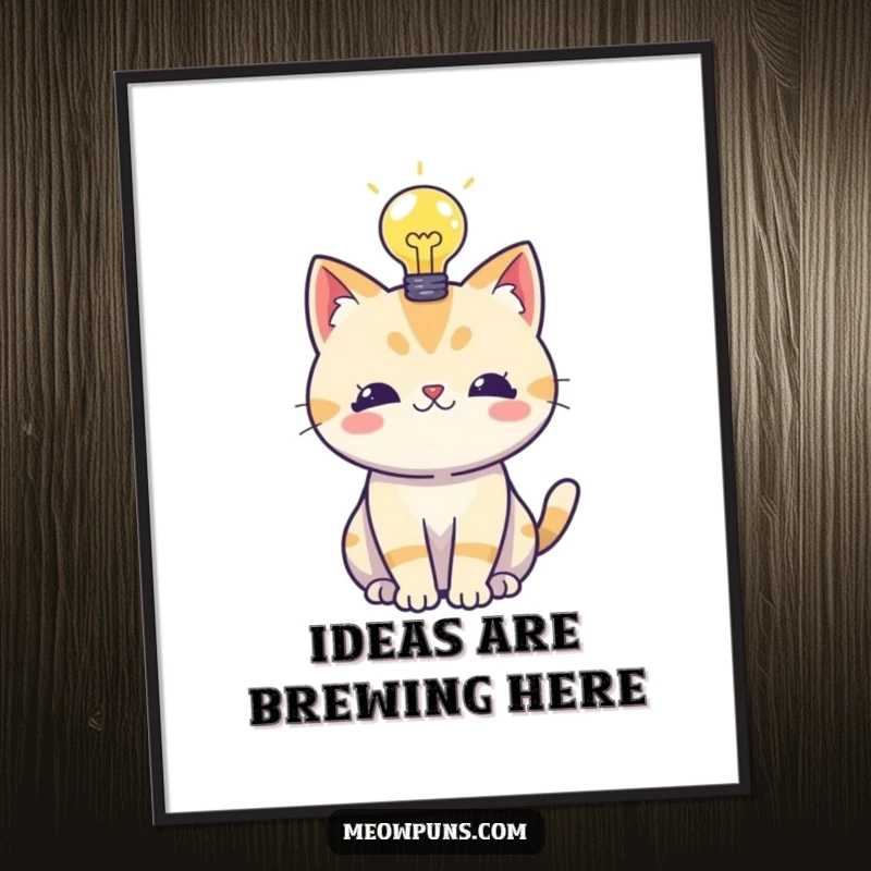 Funny digital art print of a cat pondering with a bright lightbulb, symbolizing innovation and humor for wall decor.