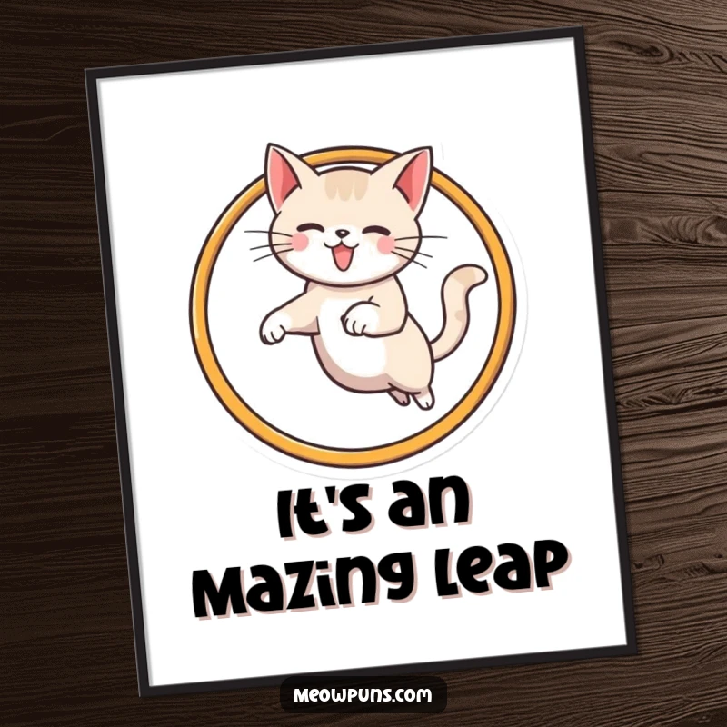 Funny cat digital art print of a cat leaping dynamically through an M-shaped hoop, adding a quirky and artistic touch.