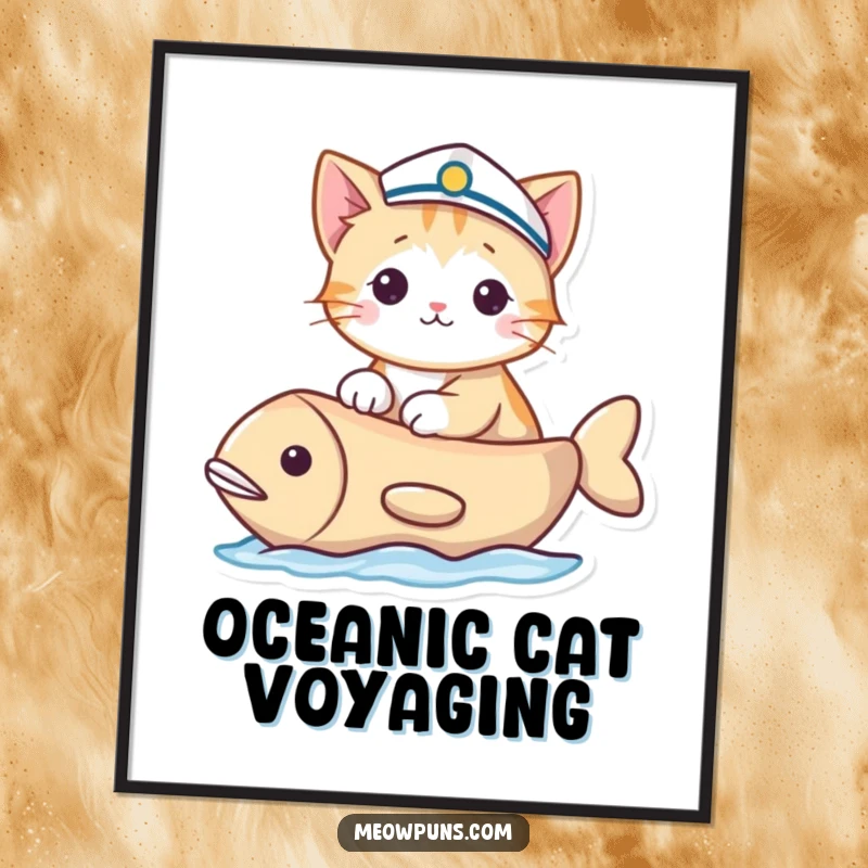 Funny digital art print of a cat in a sailor hat sailing a fish-shaped boat, offering instant humorous nautical decor.