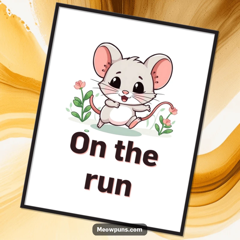 Funny digital art print of a mischievous catnip mouse character, leading a tiny chase, for instant playful decor.