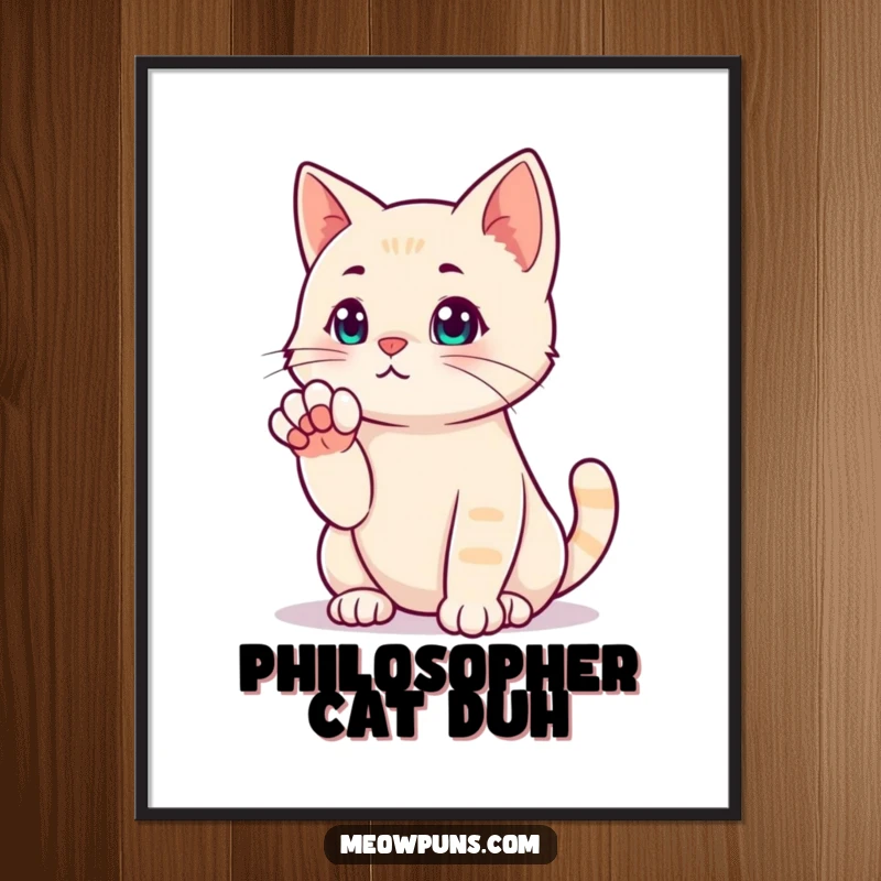 Funny digital art of a cat in a deep thinking pose, paw near its chin, symbolizing contemplation.