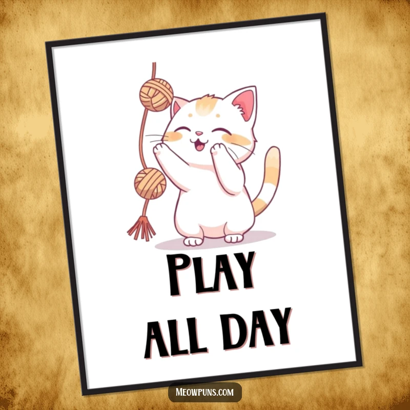 Funny cat playfully batting at a dangling yarn ball, available as a digital art print for instant playful decor.