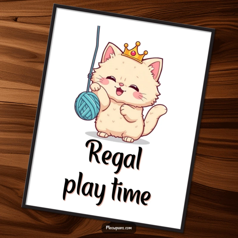 Funny digital art print of a fluffy cat wearing a crown, enthusiastically playing with a yarn ball, offering regal whimsy and artistic humor.