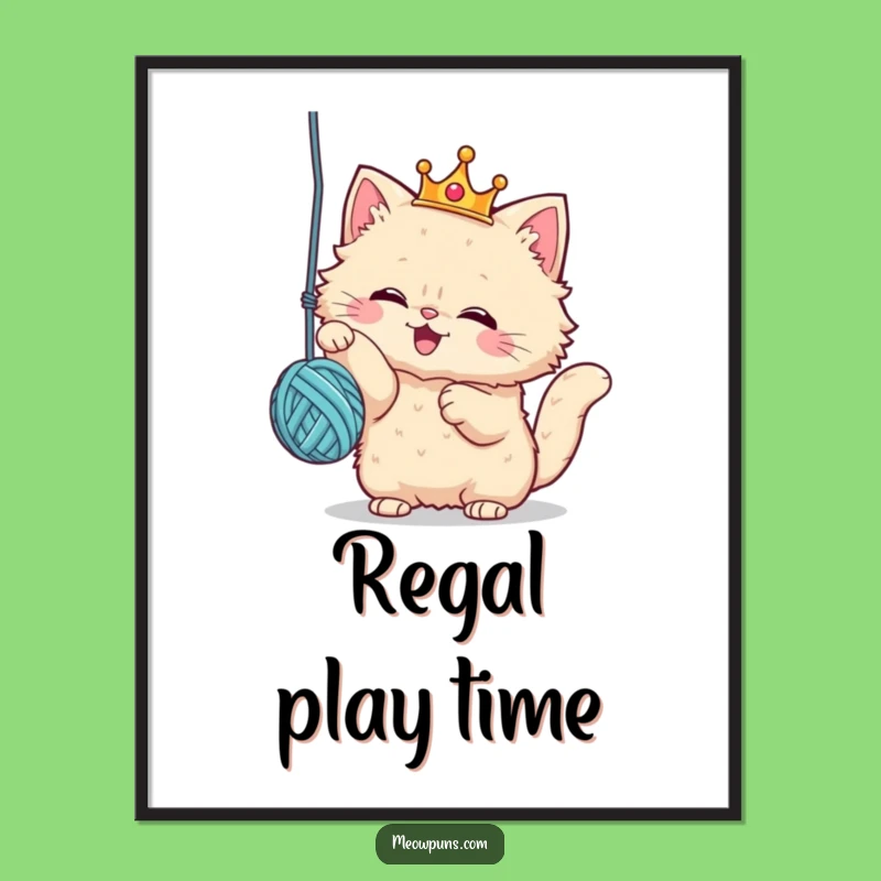 Funny Crowned Cat Yarn Ball Digital Print: Regal Feline Whimsy for Walls